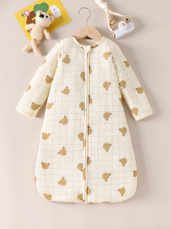 Mommbaby Neutral baby sleeping bag cute bear checkered printed apricot gauze sweat-absorbing breathable autumn and winter long-sleeved anti-kicking is an artifact of the four seasons universal sleeping bag Baby Wholesale Clothes