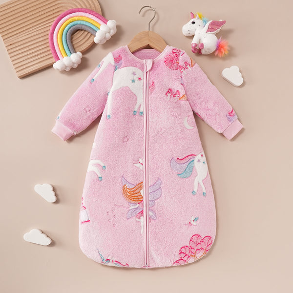 Mommbaby Baby Coral Fluffy cartoon unicorn print sleeping bag double zipper head hidden zipper fall winter Baby Wholesale Clothes