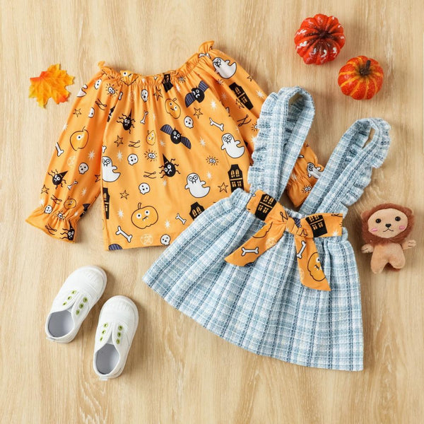 Halloween Bib Skirt Girls Suit Spring and Autumn Western Style Long Sleeve Set Wholesale Girls Clothes