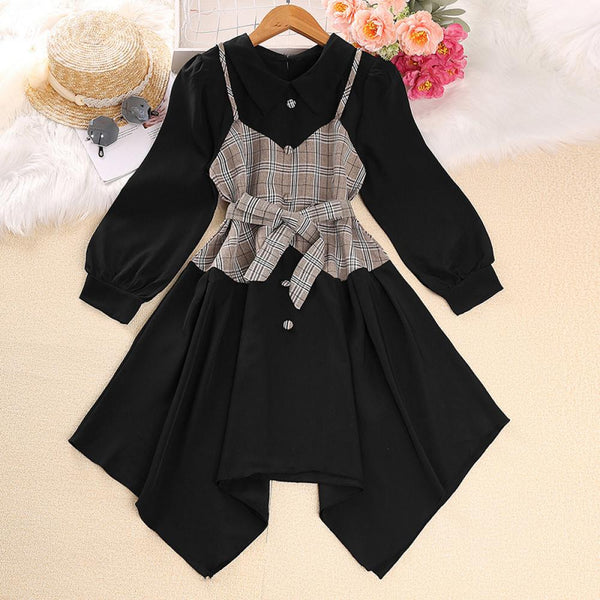 Girls Autumn Western-style Plaid Long-sleeved Fake Two-piece Dress Wholesale Girls Dress