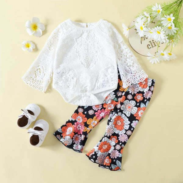 Autumn Lace Cutout Flared Sleeve Romper Flower Print Pants Set Wholesale Girls Clothes