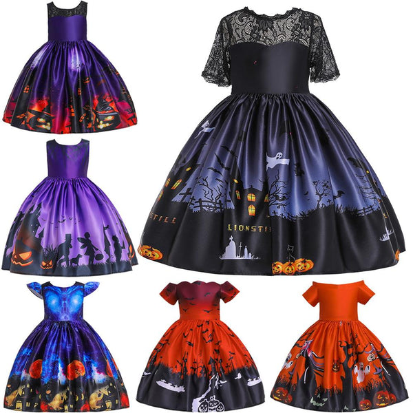 Pumpkin Lantern Ghost Elf Cartoon Print Dress Halloween Children's Costume Wholesale