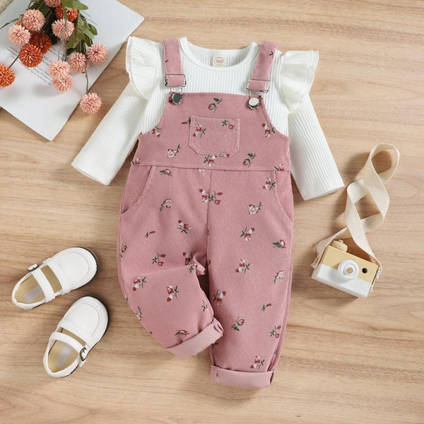 Autumn Little Girls Bottom Shirt + Corduroy Overalls Set Wholesale Girls Clothes